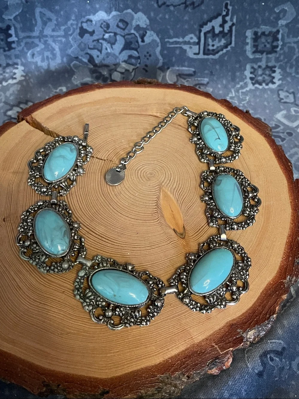 Vintage Boho Turquoise & Silver Filigree Statement Choker Necklace